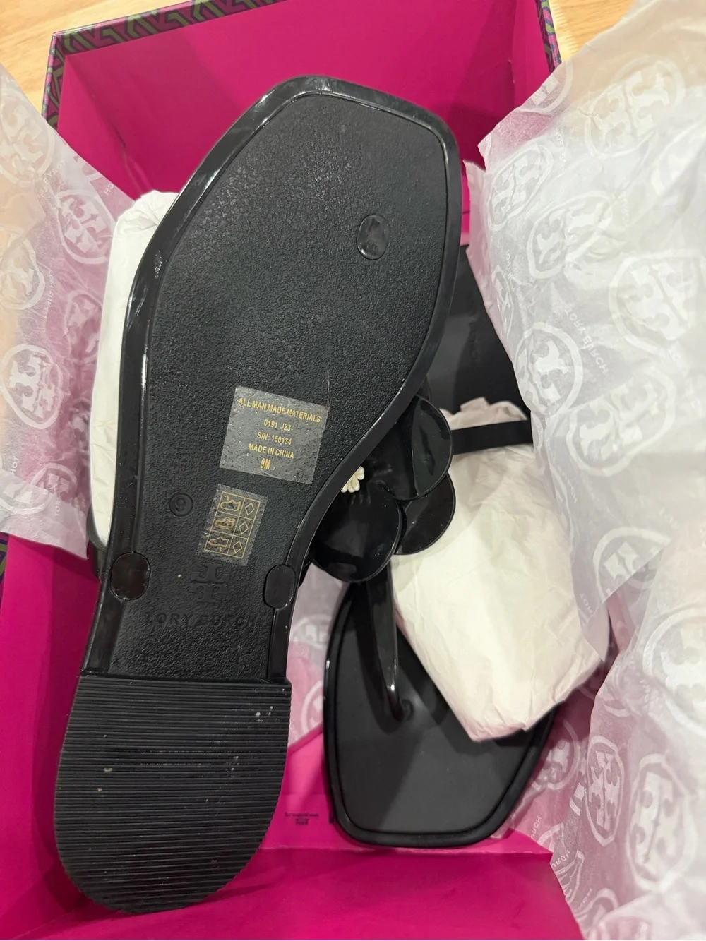 Tory Burch Black Floral Jelly Sandals with Ivory Center